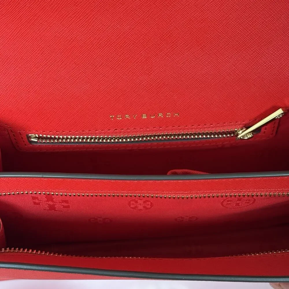 TORY BURCH Leather Crossbody Bag with Gold Hardware - Poppy Red Color